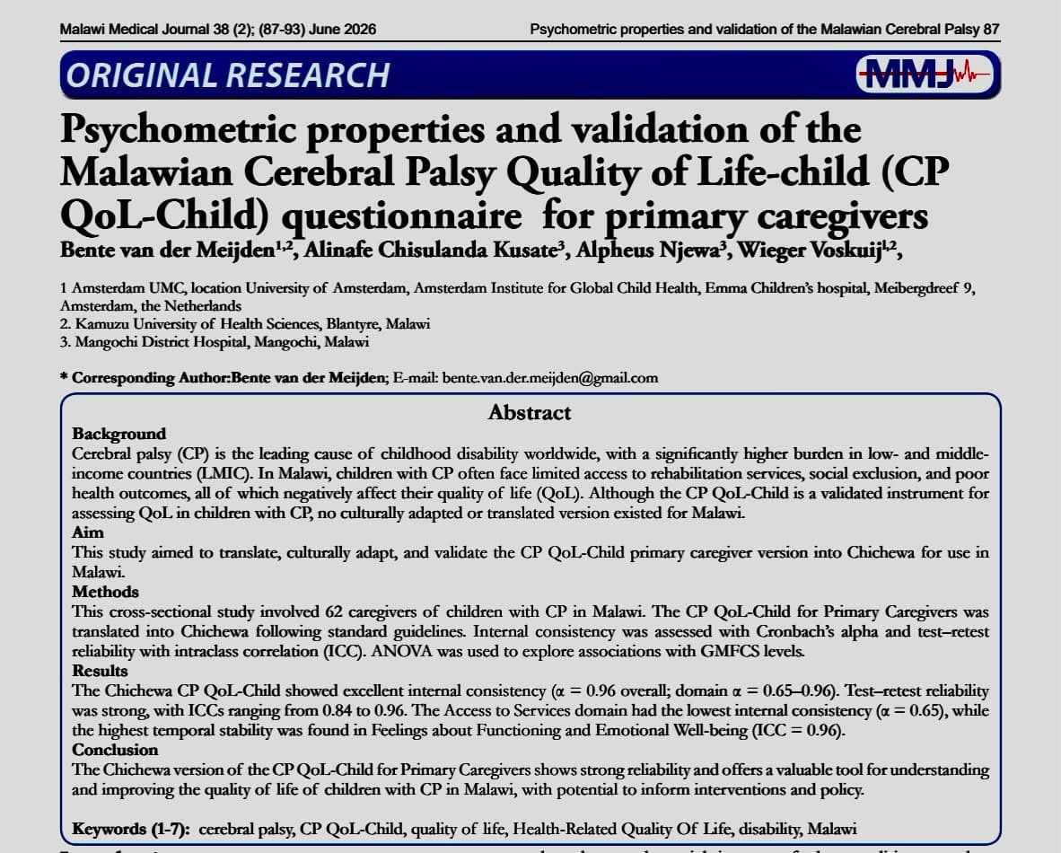 CP QoL-Child questionnaire accepted for the Malawi Medical Journal